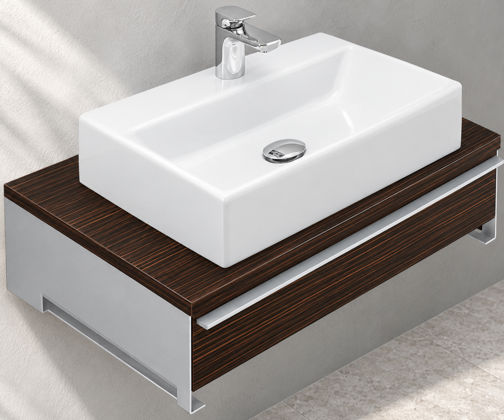 Villeroy & Boch Shape 750mm Macassar vanity A513EDED – close view. Basin, tap and accessories shown for illustration; unit only.