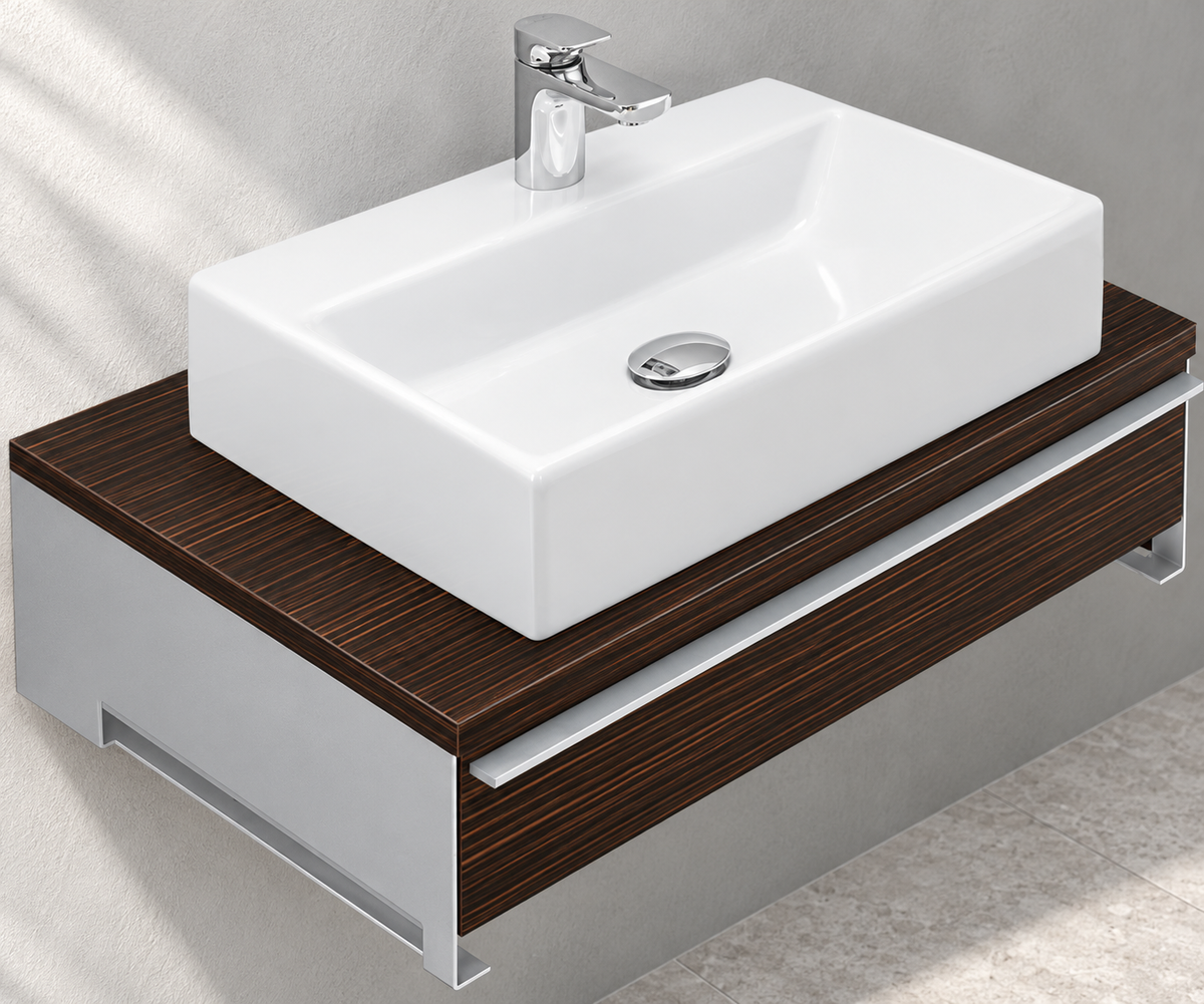 Villeroy & Boch Shape 750mm Macassar vanity A513EDED – close view. Basin, tap and accessories shown for illustration; unit only.