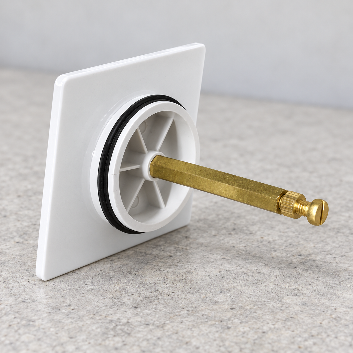 Villeroy & Boch Squaro Edge 12 white square bath plug cap with brass spindle - underside view
