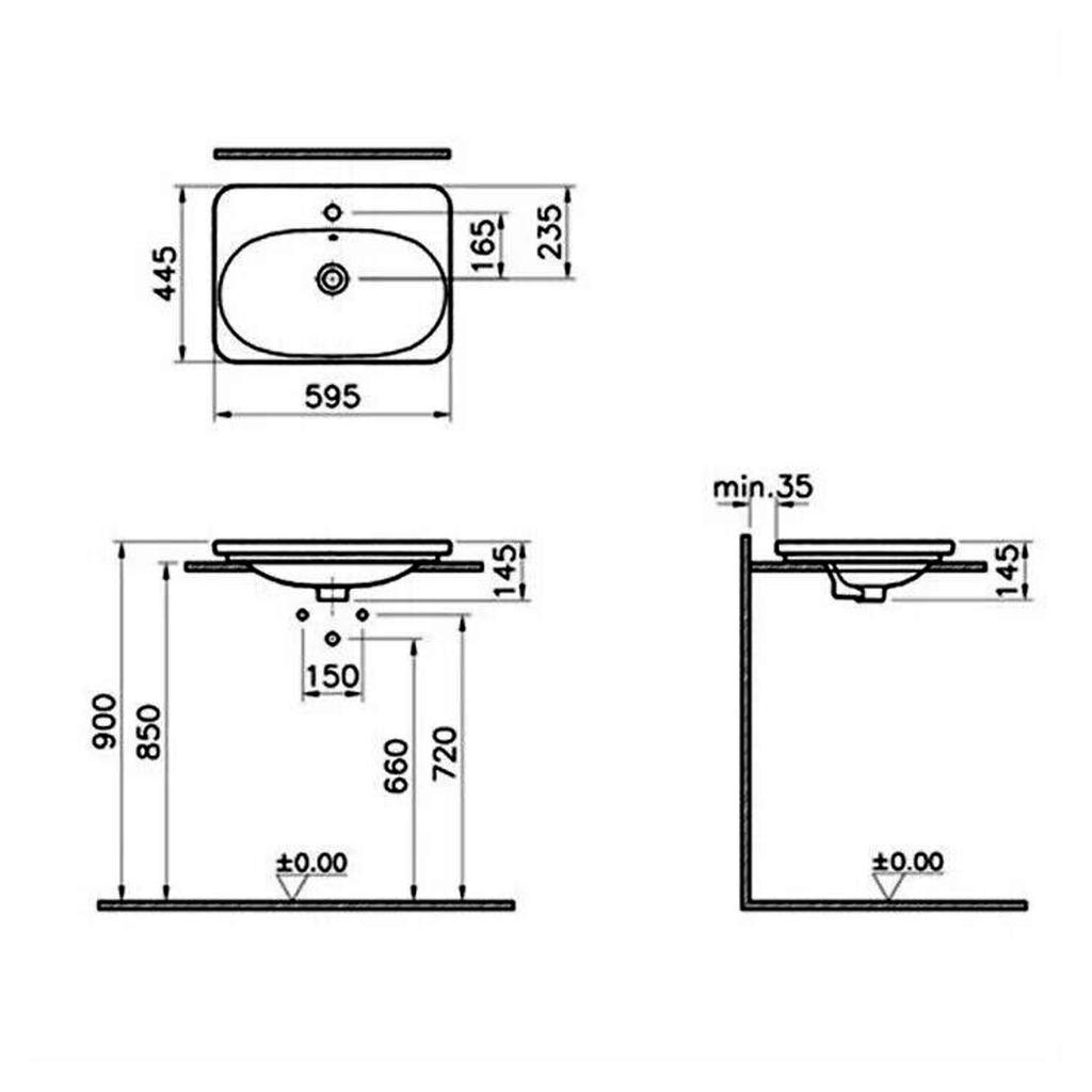 VitrA Nest 595 x 445mm basin dimensional drawing