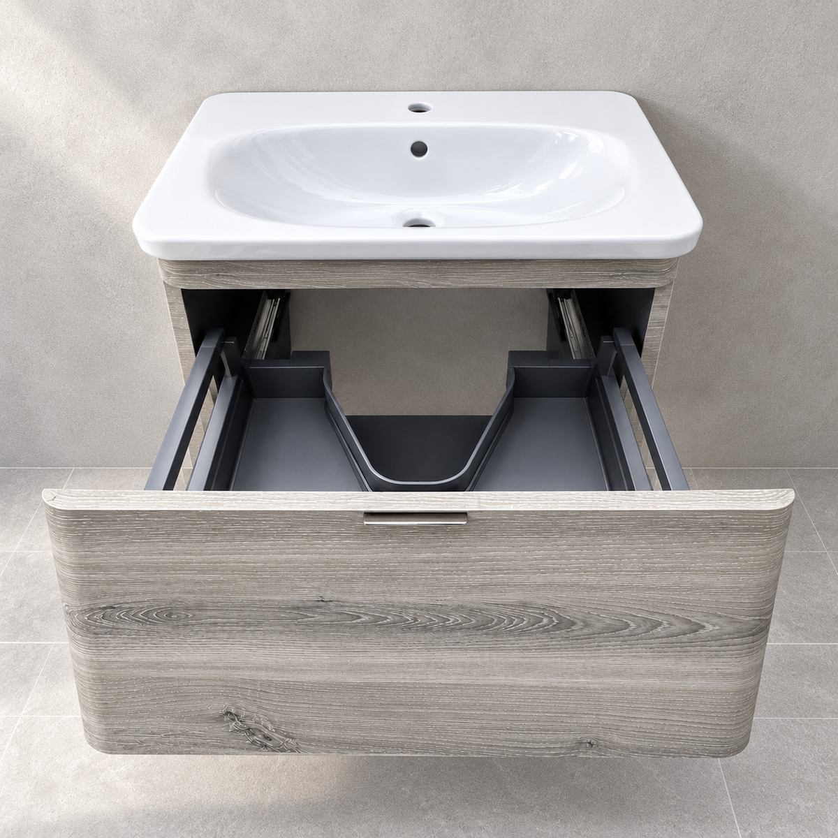 VitrA Nest Trendy 600mm natural grey vanity with basin - open drawer view