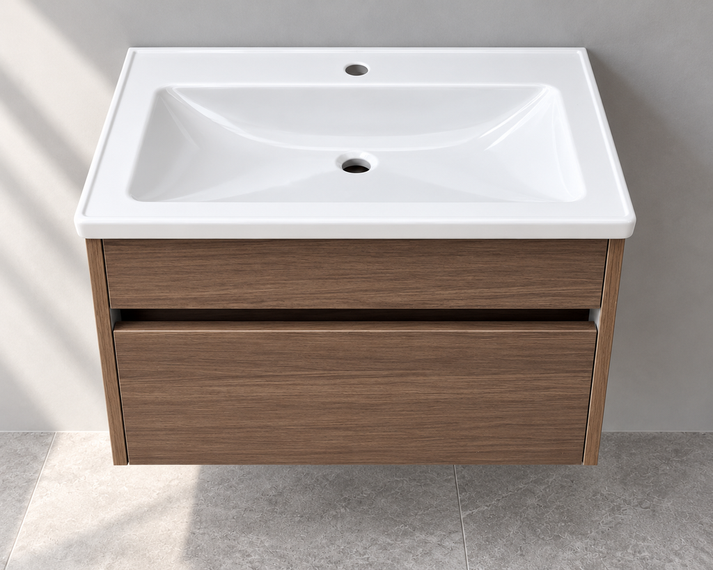 VitrA S50 600mm oak vanity with basin 54736 – basin showroom view