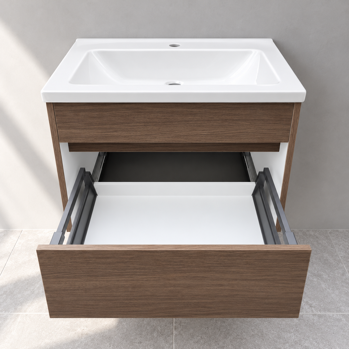 VitrA S50 600mm oak vanity with basin 54736 – open-drawer showroom view