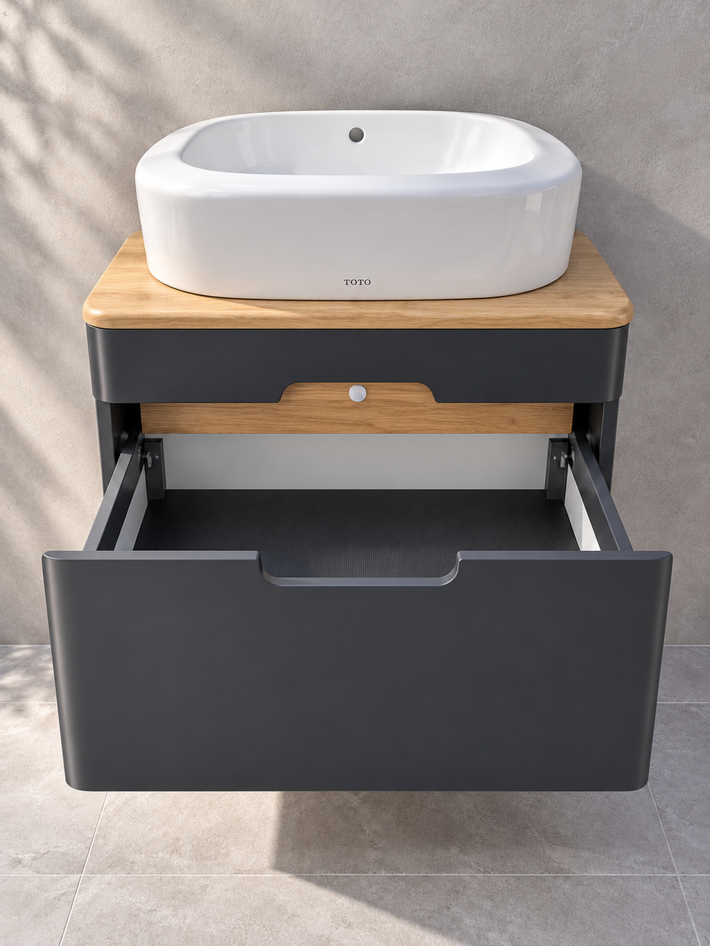 VitrA Sento 550mm matt anthracite vanity 62357 with TOTO NC LW761Y basin - open drawer