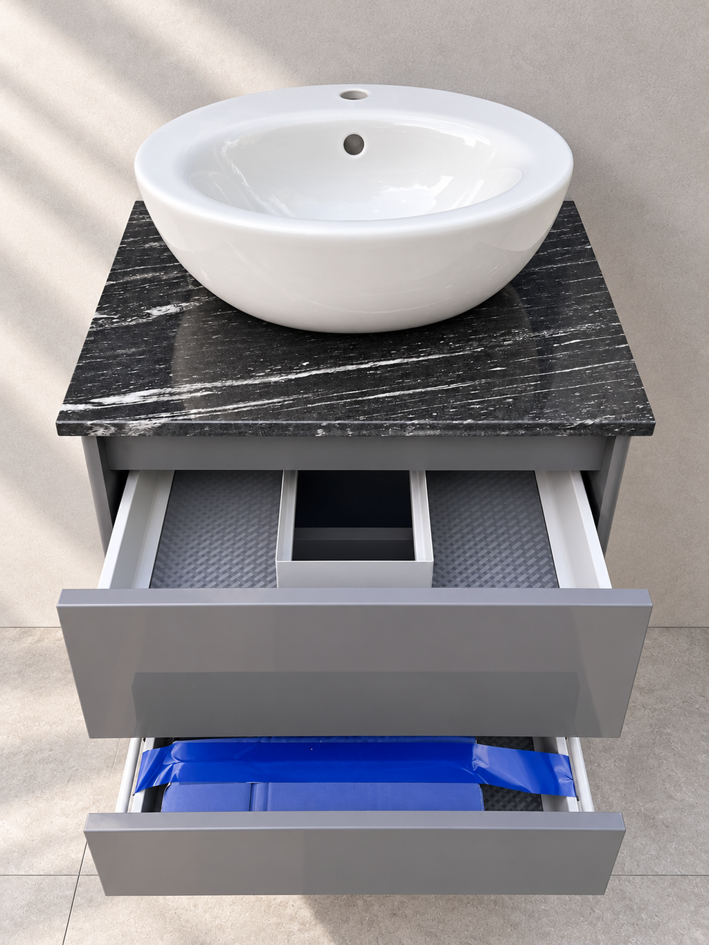Villeroy & Boch Vivia 600mm gloss grey vanity with Aveo basin - open-drawers