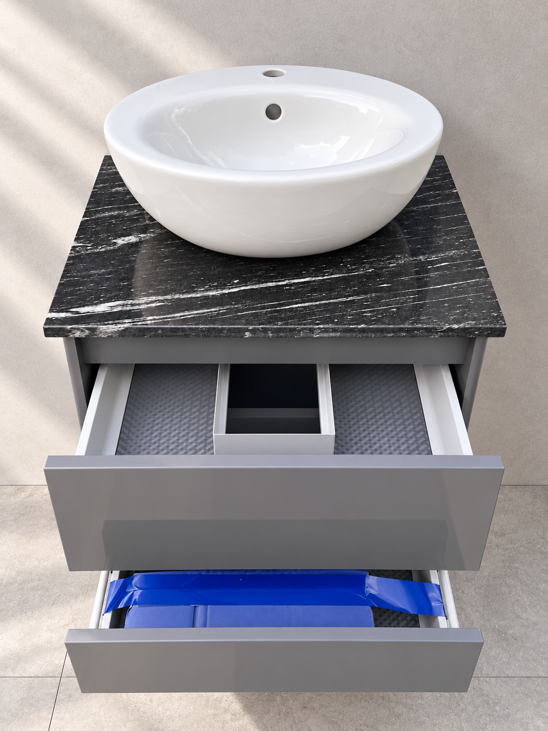 Villeroy & Boch Vivia 600mm gloss grey vanity with Aveo basin - open-drawers