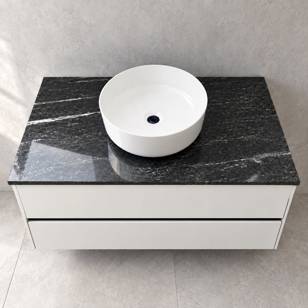 Vivia gloss white vanity with granite top and Dansani basin