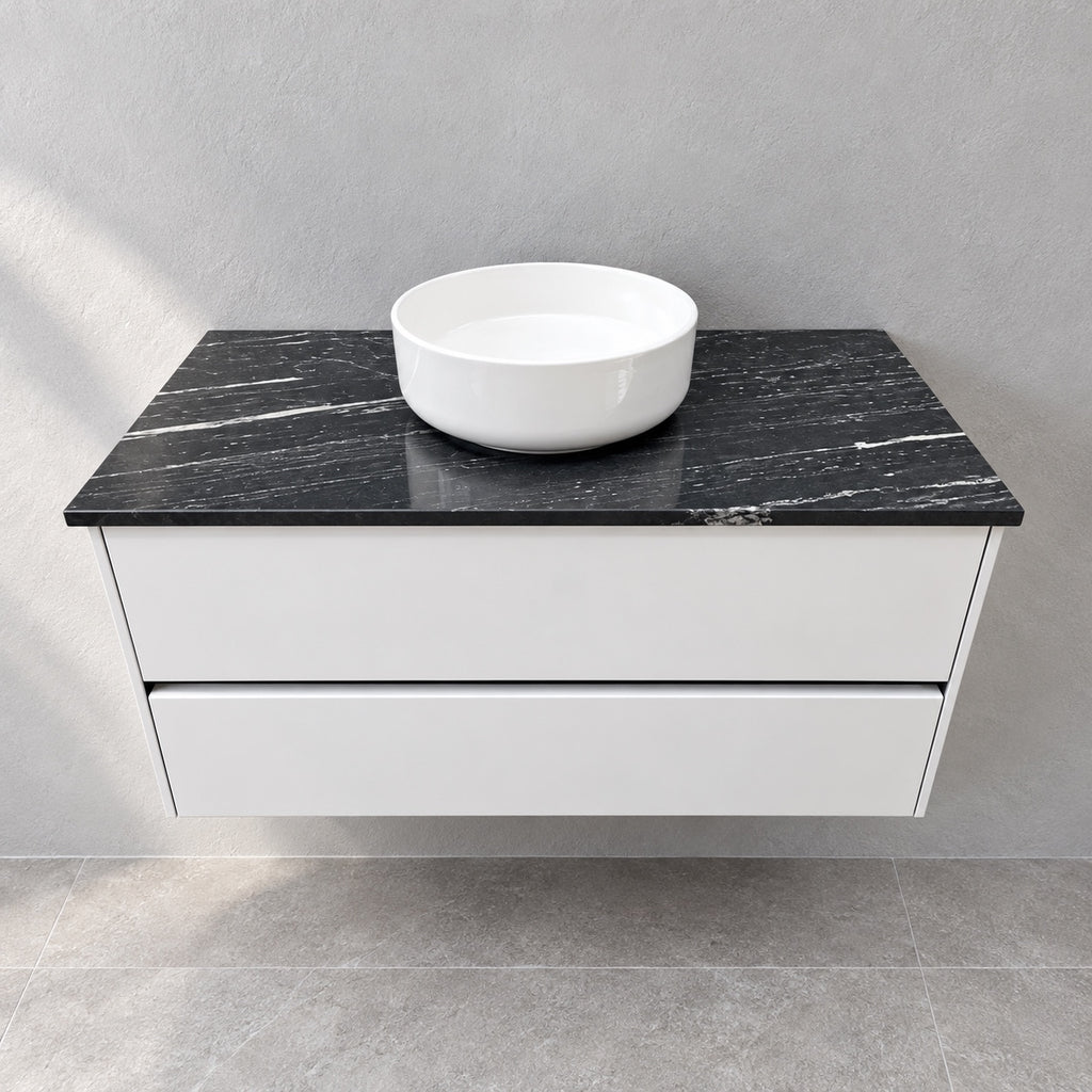 Vivia gloss white vanity with granite top and Dansani basin
