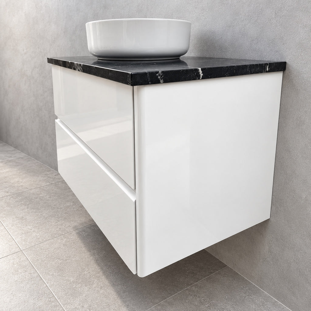 Vivia gloss white vanity with granite top and Dansani basin