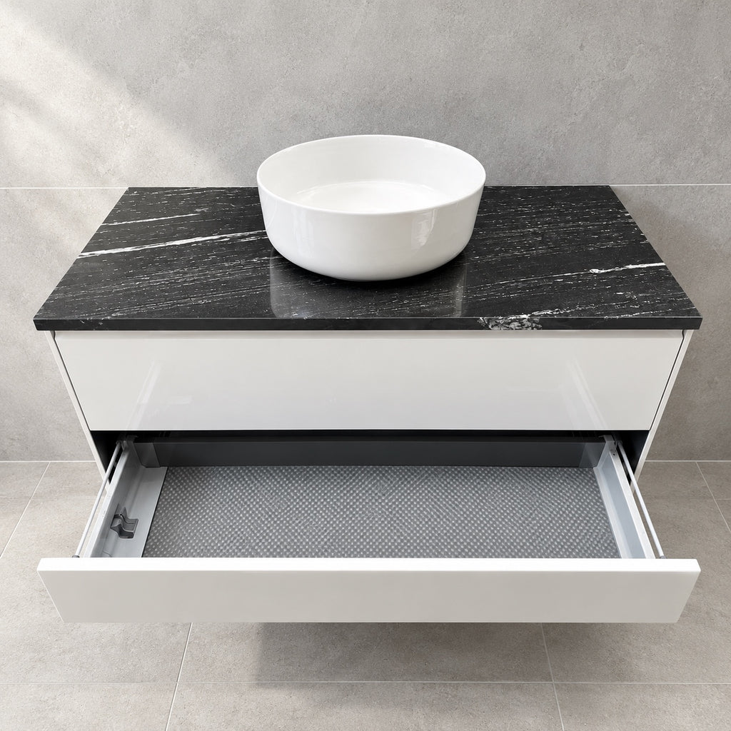 Vivia gloss white vanity with granite top and Dansani basin