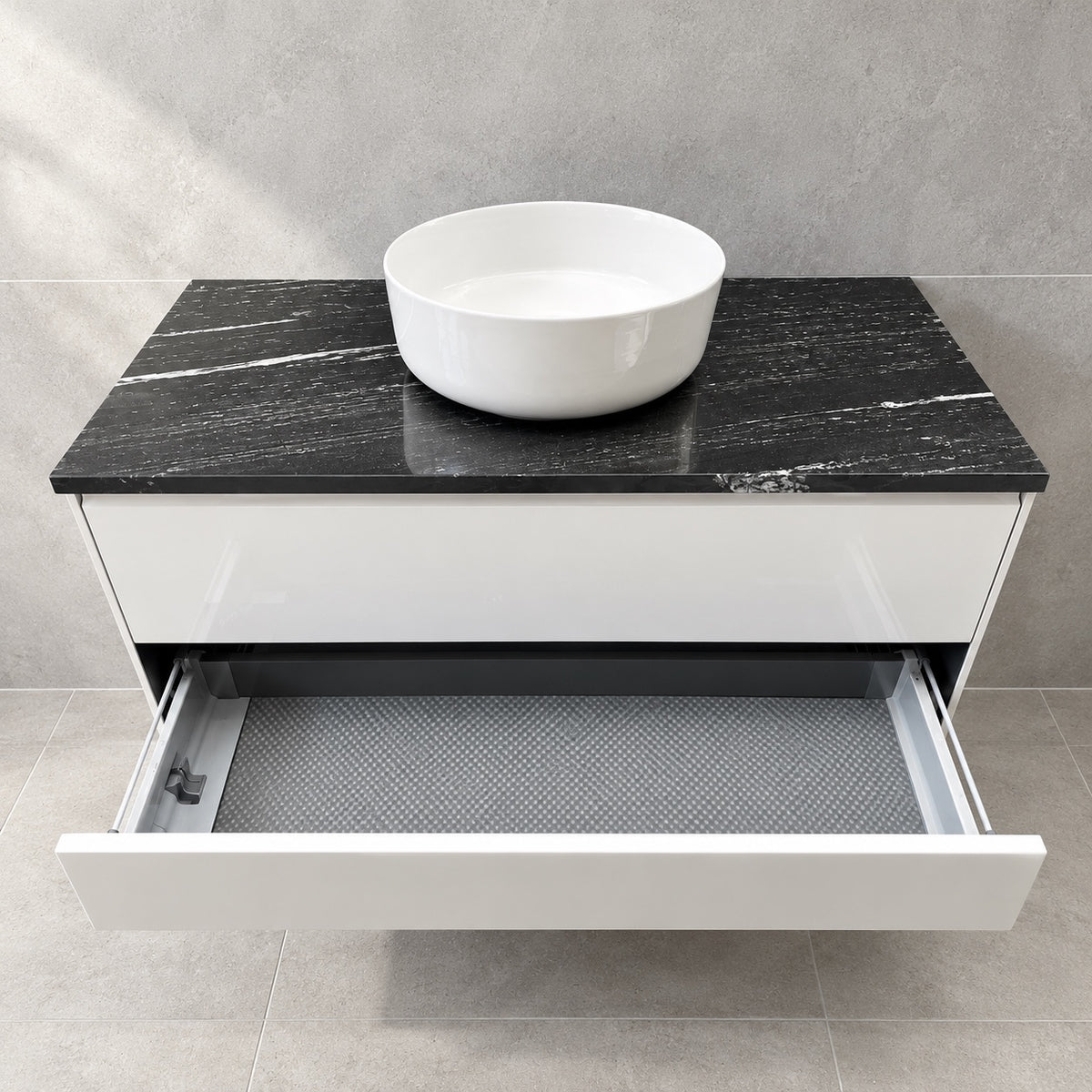 Vivia gloss white vanity with granite top and Dansani basin