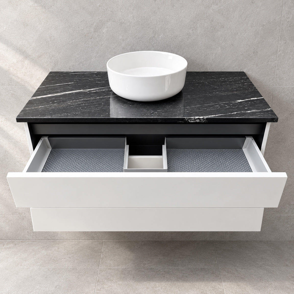 Vivia gloss white vanity with granite top and Dansani basin