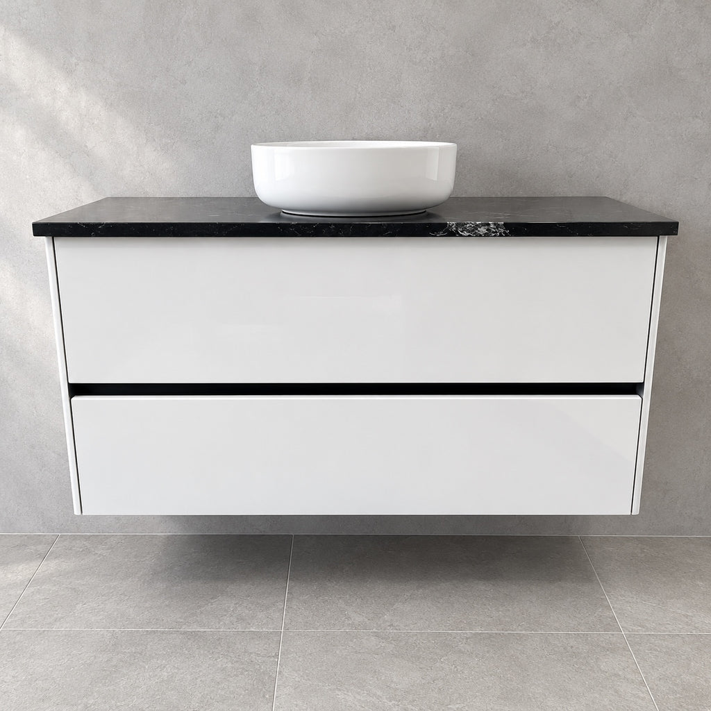 Vivia gloss white vanity with Via Lactea granite top and Dansani basin, front view