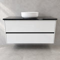 Vivia gloss white vanity with Via Lactea granite top and Dansani basin, front view