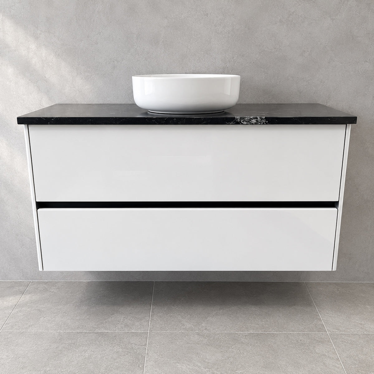 Vivia gloss white vanity with Via Lactea granite top and Dansani basin, front view