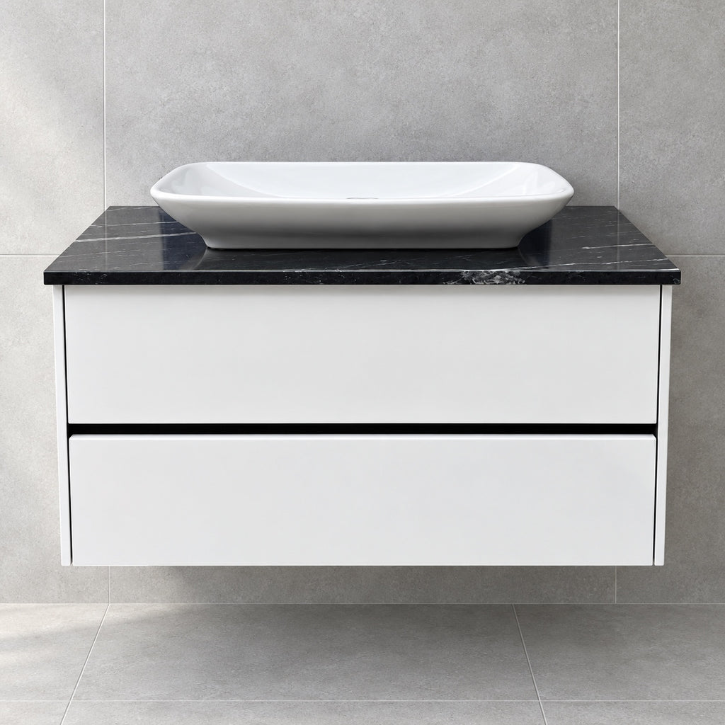 Villeroy & Boch Vivia gloss white vanity with granite top and TOTO basin