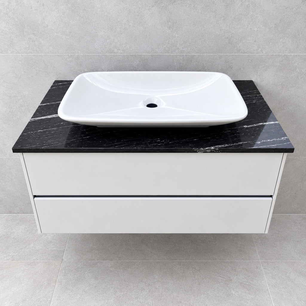 Villeroy & Boch Vivia gloss white vanity with granite top and TOTO basin