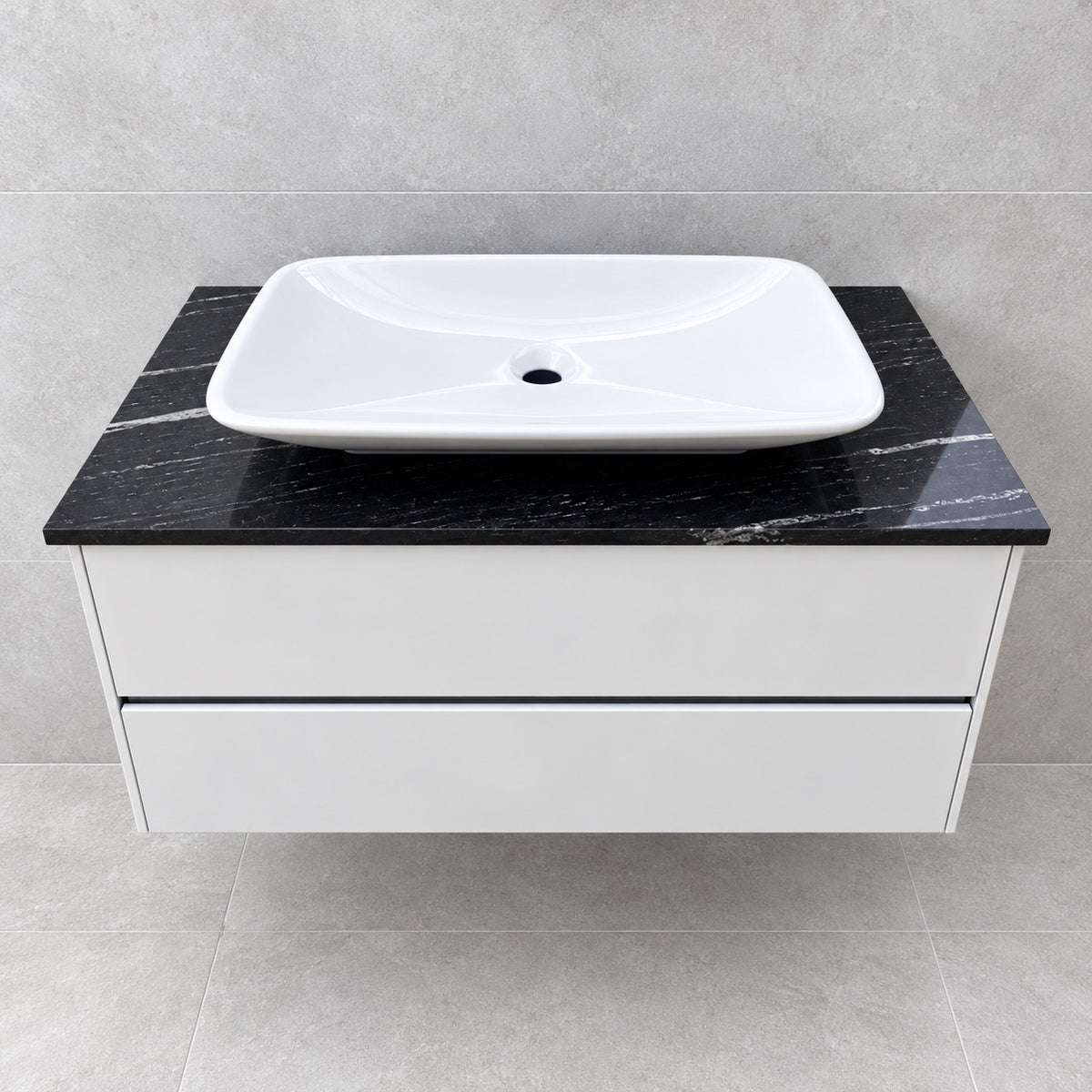 Villeroy & Boch Vivia gloss white vanity with granite top and TOTO basin