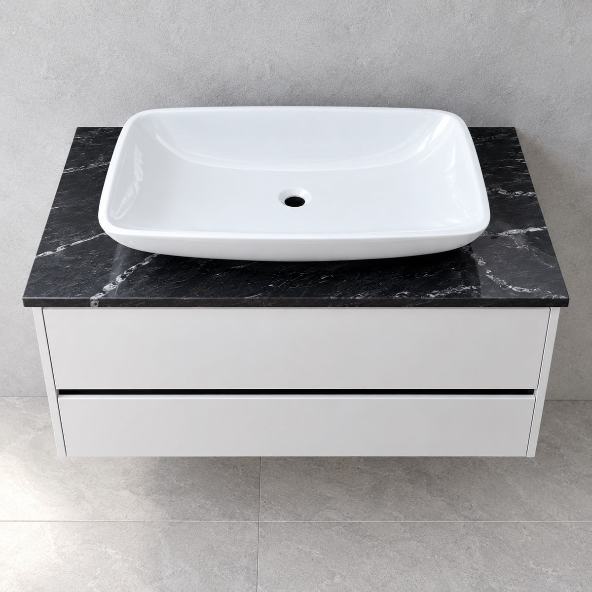 Villeroy & Boch Vivia gloss white vanity with granite top and TOTO basin