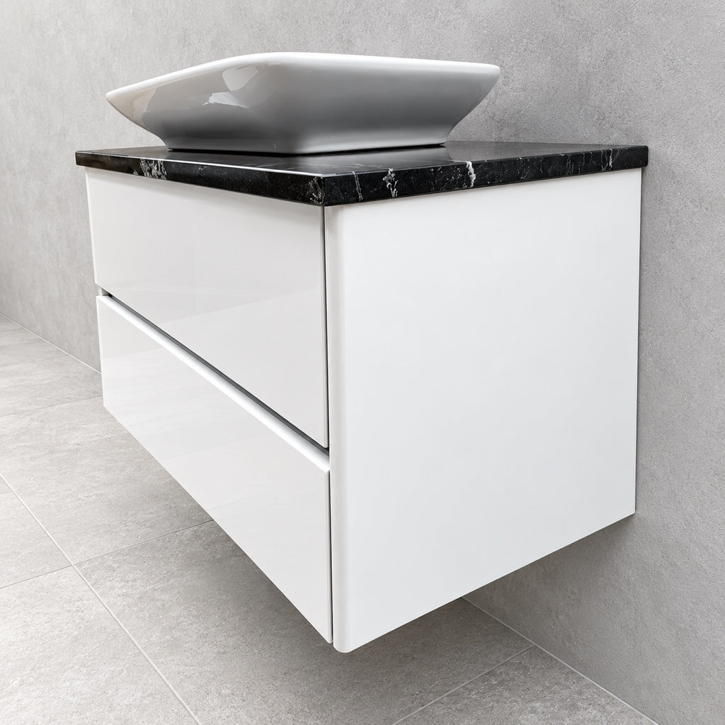 Villeroy & Boch Vivia gloss white vanity with granite top and TOTO basin
