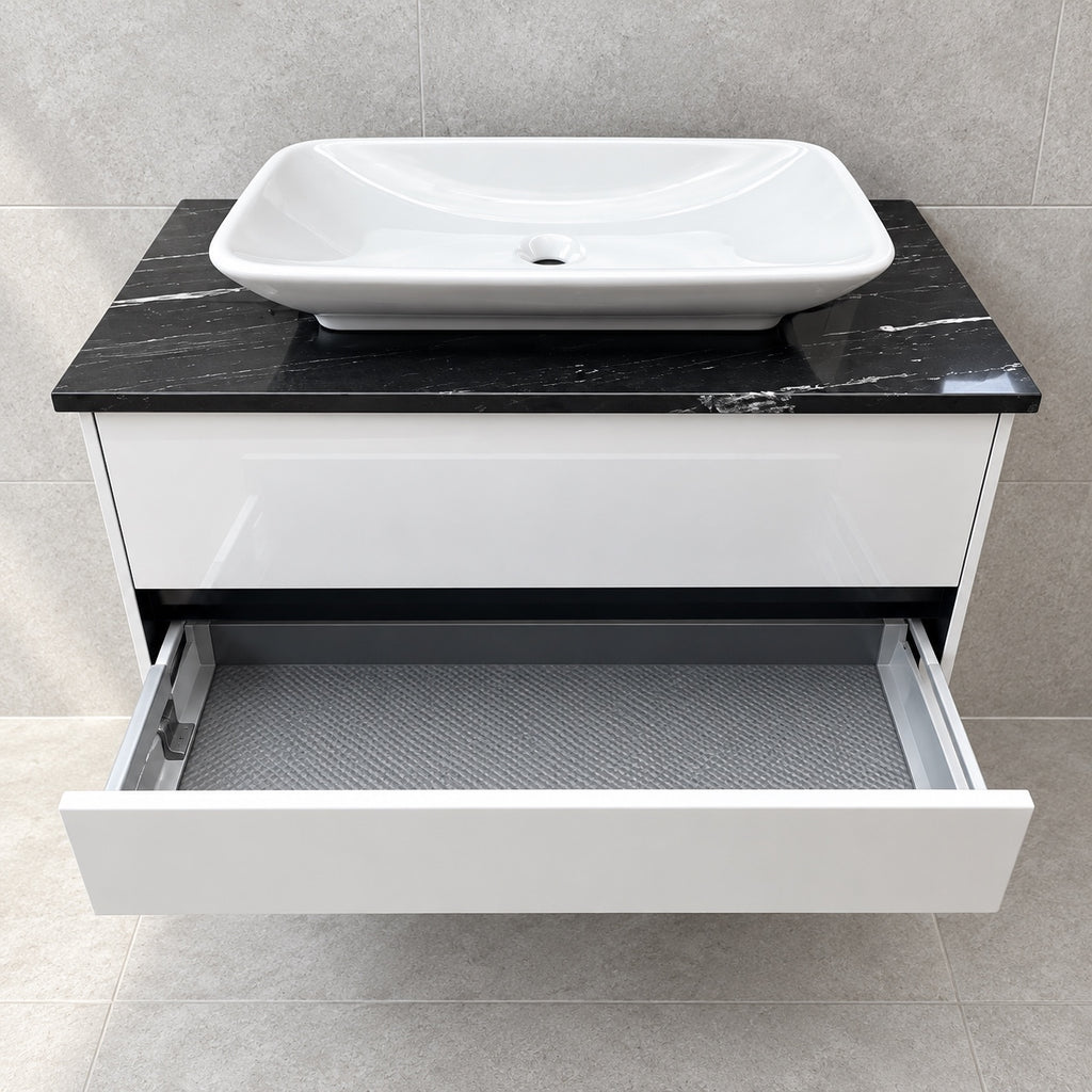 Villeroy & Boch Vivia gloss white vanity with granite top and TOTO basin