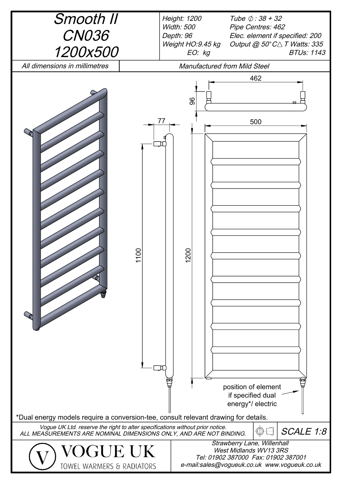 Vogue Smooth II CN036 1200 x 500mm manufacturer technical drawing, dimensions in mm